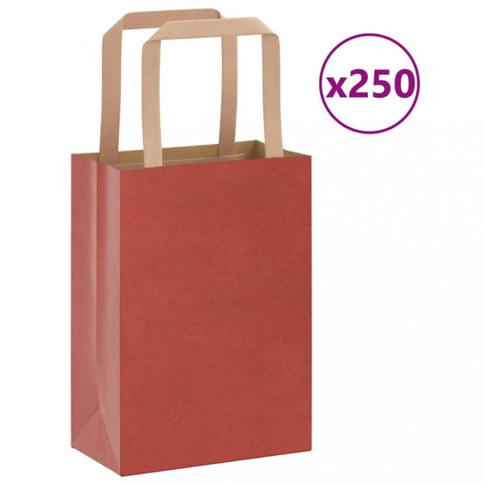 vidaXL Saci de h&acirc;rtie 250 buc cu m&acirc;nere roșii 15x8x21 cm