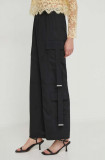 Sisley pantaloni femei, culoarea negru, lat, high waist