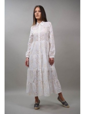 ROCHIE BOHO CHIC LUNGA TIP CAMASA CU BRODERIE CHARME Alb S-M foto