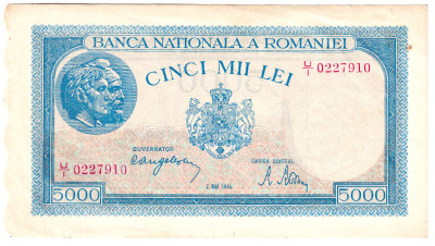ROMANIA 5000 LEI MAI 1944 FILIGRAN TRAIAN STARE FOARTE FOARTE BUNA foto