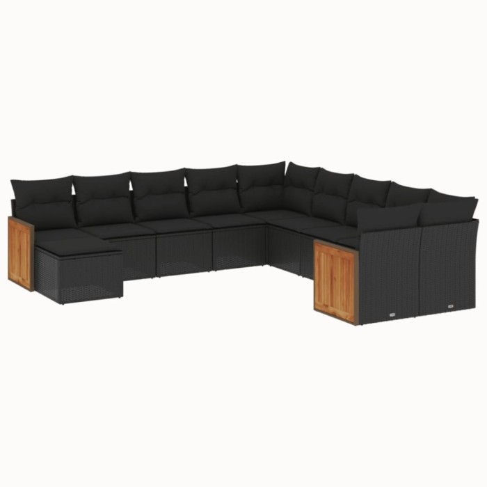 Set canapele de gradina cu perne, 11 piese, negru, poliratan