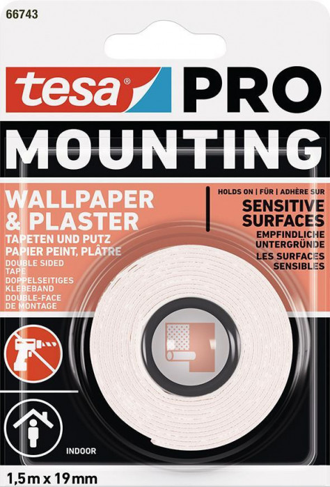 Tesa Mounting PRO, bandă de montaj, pentru tapet și tencuială, adezivă, 19 mm, L-1,5 m