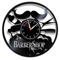 Ceas de Perete Decorativ &ldquo;Barber Shop Elite&rdquo;, din Disc Vinil Reciclat, Design Frizerie și Styling Masculin, Negru, Mecanism Silențios (Sweep), 30 cm