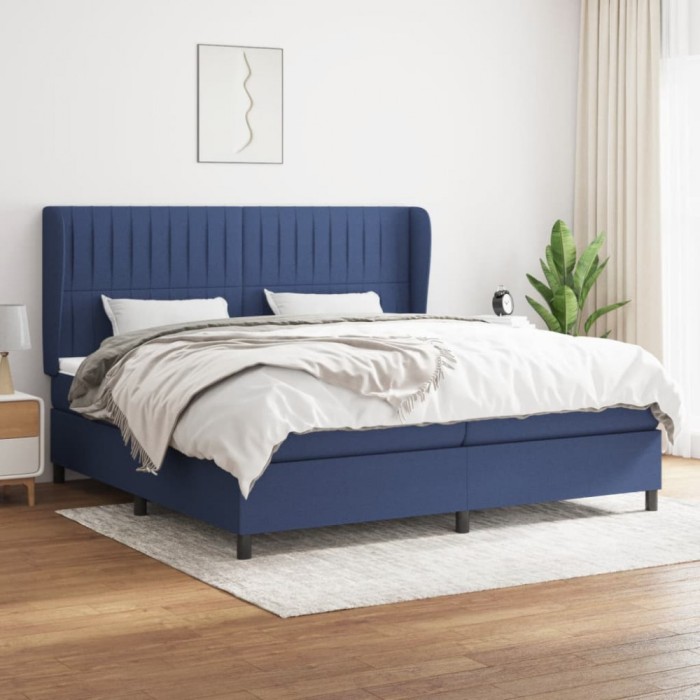 Pat box spring cu saltea, albastru, 200x200 cm, textil