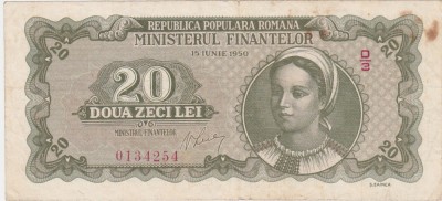 ROMANIA 20 lei 1950 aVF foto