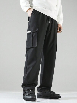 Pantaloni largi cu buzunare si snur reglabil, negru, barbati, Shein foto