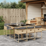 Cumpara ieftin Set mobilier gradina Gossi, 7 piese, poliratan bej, cu perne gri deschis, masa sticla neagra, scaune pliabile