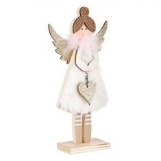 Decoratiune Craciun, Inger, Lemn si Poliester, Aripi cu Glitter Bej, Inaltime 19cm, Alb