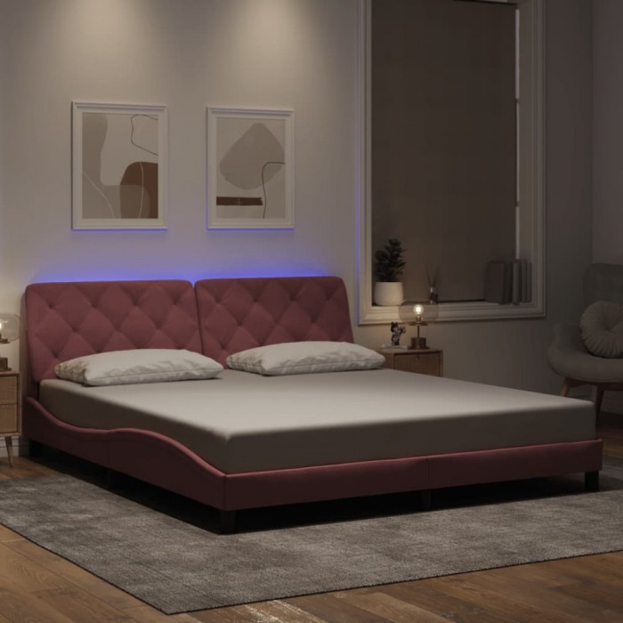 vidaXL Cadru de pat cu lumini LED, roz, 180x200 cm, catifea 3213872