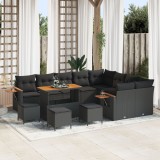Set de canapele de gradina cu 12 piese si perne, poliratan negru, acacia, set de dining de gradina cu 3 piese si perne, poliratan negru, acacia