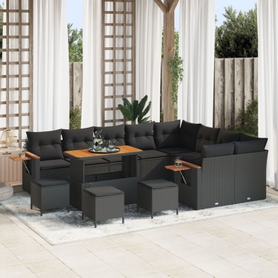 Set sofa gradina Gossi 12 piese cu perne negru poliratan acacia, set dining gradina Gossi 3 piese cu perne negru poliratan acacia foto