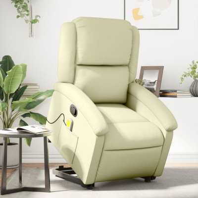 vidaXL Fotoliu rabatabil cu ridicare, crem, piele naturală 3204268 foto