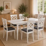 Set masa living extensibila Miami, MDF, lemn masiv, 120 150 x 80 x 73.8 cm si 6 scaune Vienna, tapitat stofa, 94x49x40 cm, alb gri