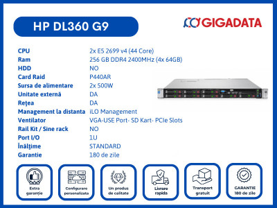 HP DL360 G9 2x E5-2699 v4 256GB P440AR 2x PS Server 6 Luni Garantie foto