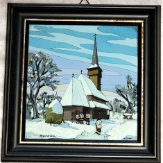 tablou pictura pe sticla Aurel Dan, membru U.A.P, Biserica Rozavlea 18x18cm