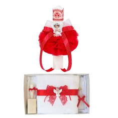 Lumanare botez glob cu ingeras si trusou botez dantela, decor Rosu, Denikos&reg; 611