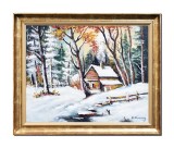 Cumpara ieftin Tablou inramat peisaj de iarna pictat manual, Hibernal, 50x40cm ulei pe panza, Constantin Feraru