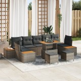 Set canapele grădină vidaXL cu perne gri din ratan poli acacia, 10 piese, Canapea grădină vidaXL 2 locuri cu depozitare și perne gri din ratan poli, S