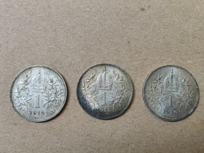 Ungaria, Transilvania,3 monede 1 forint 1914, 915, 916,argint VF, UNC, PRET/LOT foto