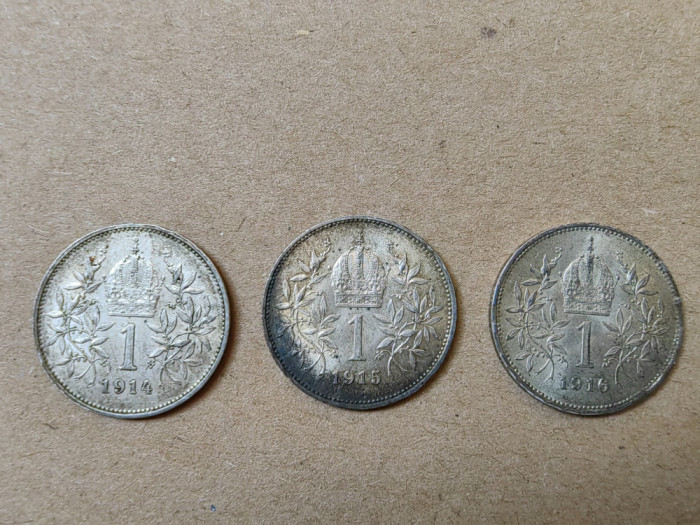 Ungaria, Transilvania,3 monede 1 forint 1914, 915, 916,argint VF, UNC, PRET/LOT