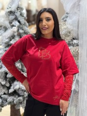 Bluza dama rosie din bumbac cu aplicatii pietricele si maneci din dantela