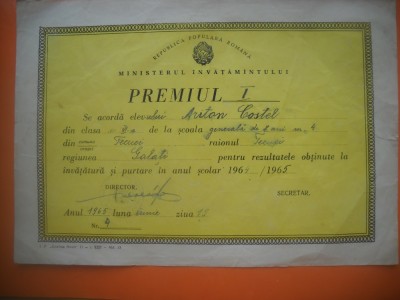 HOPCT DIPLOMA PREMIUL I SCOLAR-1964-1965-NR 84 RPR MINISTERUL INVATAMINTULUI foto