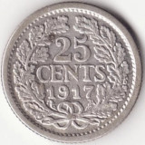 Moneda Tarile de Jos - 25 Cents 1917 - Argint, Europa