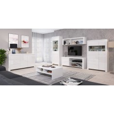 Set living LINGO 2, alb lucios, PAL, masuta cafea, 2 comode, 2 vitrine, biblioteca suspendata