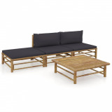 Set mobilier de grădină, 4 piese, perne gri &icirc;nchis, bambus, vidaXL