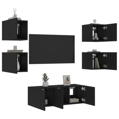 vidaXL Unități de perete TV cu LED-uri, 6 piese, negru, lemn prelucrat foto