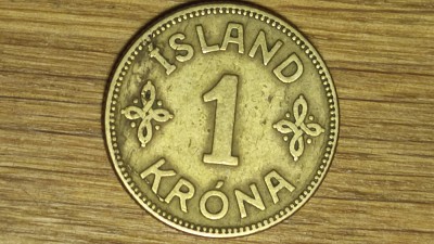Islanda - moneda de colectie rara - 1 krona / coroana 1925 HCN; GJ - tiraj 250k foto