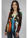Cumpara ieftin Bluza Dama Multicolor Cat Eye Neko, Maneca Lunga, Guler V, Talie Unica (S-M-L), Poliester Vascoza Elastan