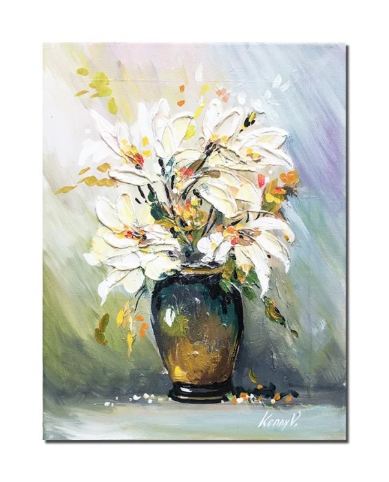 Tablou vaza cu azalee pictat manual, 40x30cm acril pe panza in relief efect 3D, Kenny Varniote