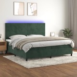 VidaXL Pat cu arcuri, saltea și LED, verde &icirc;nchis, 200x200 cm, catifea