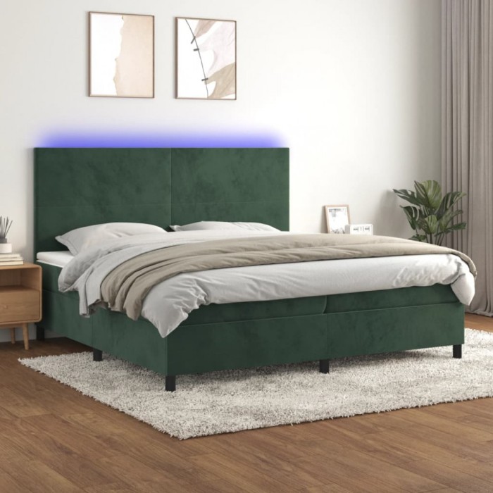 vidaXL Pat cu arcuri, saltea și LED, verde &icirc;nchis, 200x200 cm, catifea 3136026