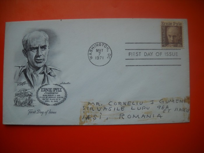 HOPCT PLIC S FDC NR 658 JURNALIST ERNIE PYLE /OMORAT DE JAPONEZI 1945/...-1971 SUA -NECIRCULAT