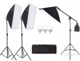 Cumpara ieftin Kit de 3 softboxuri cu macara ajustabila, 3 trepiezi reglabili 200 cm, 3 becuri LED 25W, geanta de transport inclusa, Dactylion