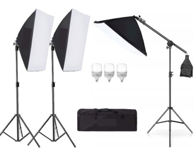 Kit de 3 softboxuri cu macara ajustabila, 3 trepiezi reglabili 200 cm, 3 becuri LED 25W, geanta de transport inclusa foto