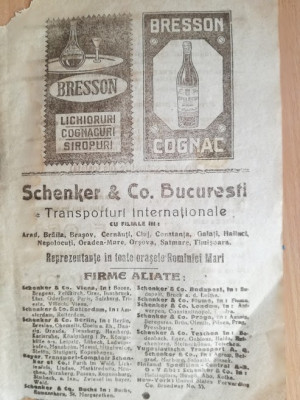 reclama lichioruri, cognacuri, siropuri, 1922 / Schenker &amp;amp; Co, Bucuresti, transp foto