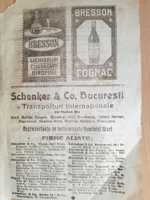 reclama lichioruri, cognacuri, siropuri, 1922 / Schenker &amp; Co, Bucuresti, transp