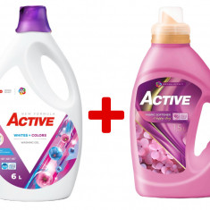 Detergent lichid pentru rufe albe+colorate Active, 6 litri, 120 spalari + Balsam de rufe Active Happy Day, 1.5 litri, 60 spalari