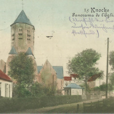 AMS* - CP KNOCKE BELGIA PANORAMA DE L`EGLISE 1916, CIRCULATA, stampila militara