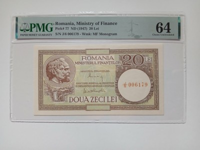 Bancnota 20 lei 1947 Min Finantelor semnat Alexandrini, Panait Gheorghiu gradata PMG 64 aproape GEM UNC foto
