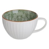 Cană mare ceramică albă cu dungi și interior floral verde, 480ml, CMCLASS