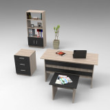 Set de mobilier de birou Clabber, Alb - Stejar - Nuc, 4 piese Biblioteca - Birou - Masa - Rollbox