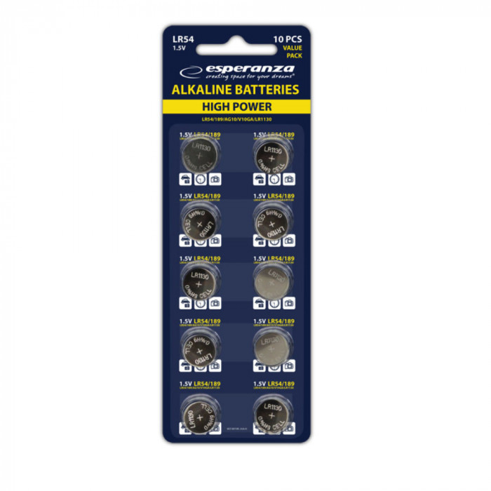 Set 10 baterii alcaline LR54 AG10, Esperanza 95793, tip buton, 1.5V, la blister