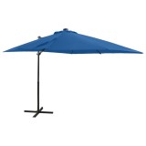 Umbrelă &icirc;n consolă cu st&acirc;lp și LED-uri, albastru azur, 250 cm