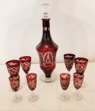 8 PAHARE(4 MEDII+4 MICI)+DECANTOR DIN CRISTAL ROSU RUBINIU-ROMANIA ANII 70-80