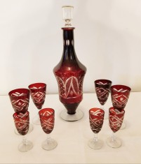 8 PAHARE(4 MEDII+4 MICI)+DECANTOR DIN CRISTAL ROSU RUBINIU-ROMANIA ANII 70-80 foto
