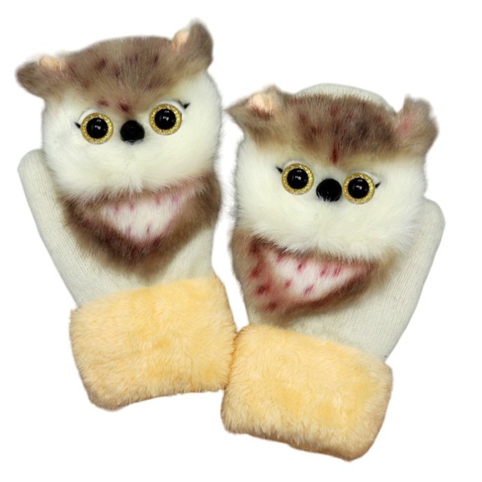 Manusi de plus pentru copii, flippy, de iarna, groase, moi, calduroase, model animat bufnita alba
